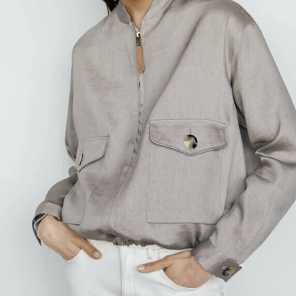 Massimo Dutti Linen Blend Short Bomber Jacket Silver Small